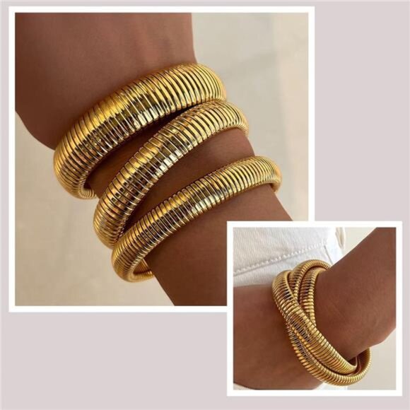 Set of 3 Gold Chunky Stretch Bangles for Women - 24K Gold Plated Bracelets - Picture 3 of 8